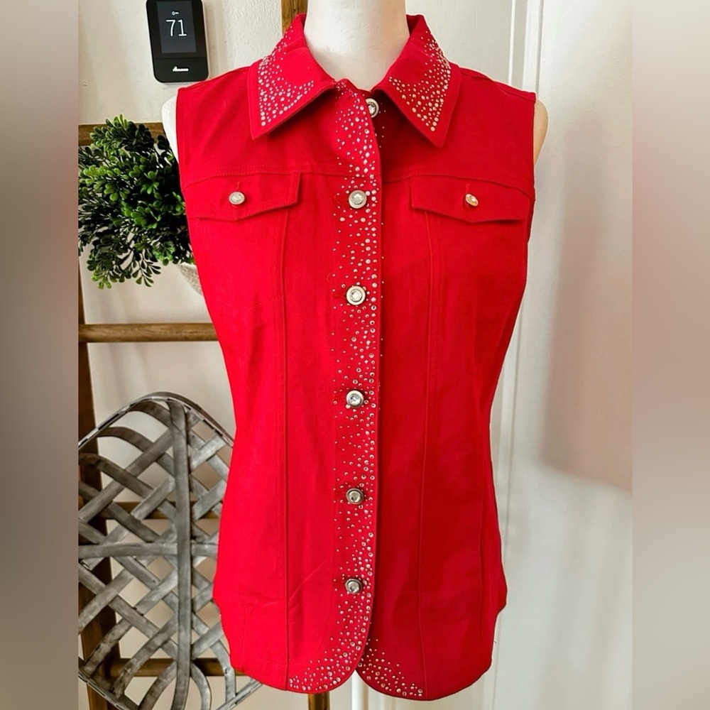Quacker Factory Red Rhinestone Bedazzled Button Down Jean Denim Vest